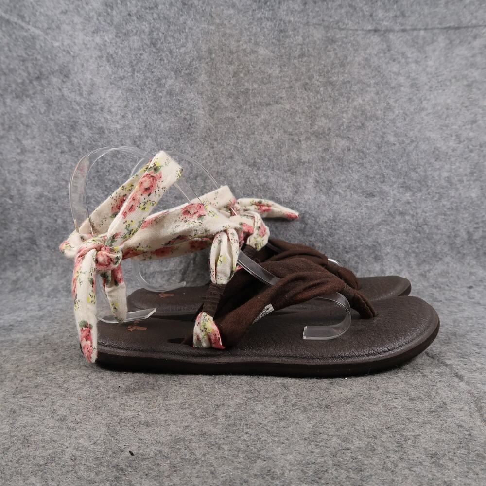 Sanuk Shoes Womens 6 Sandal Ankle Wrap Tie Floral Yoga Flat Comfort Casual Brown
